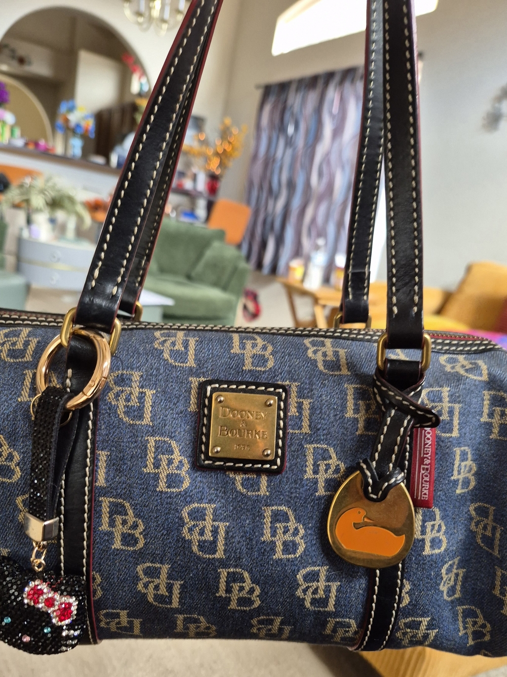 Dooney & Bourke Blue Monogram Denim Barrel Bag with Black Leather Trim